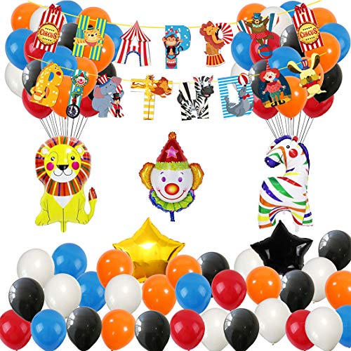 Carnaval Circo Decoración - YUESEN Decoraciones Cumpleaños Feliz cumpleaños decoraciones Niña con Happy Birthday banderas, Elefante Payaso Globo para circo Parque de atracciones cumpleaños