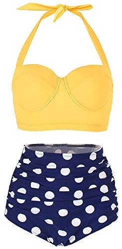 ChayChax Mujer Bikinis de Dos Piezas Conjuntos Retro Polka Punto Traje de Baño Cintura Alta, Amarillo + Punto Azul, Talla XL