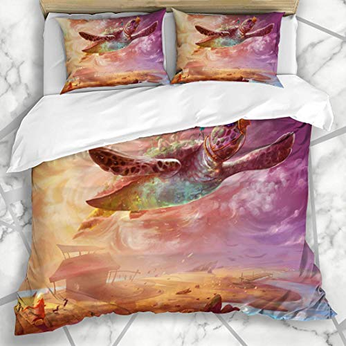 Conjuntos de fundas nórdicas Flying Man Turtle One Scene Story Girl Song Sky Science Personaje Tale Sun Magical Viking Dawn Kid Microfibra suave Dormitorio decorativo con 2 fundas de almohada