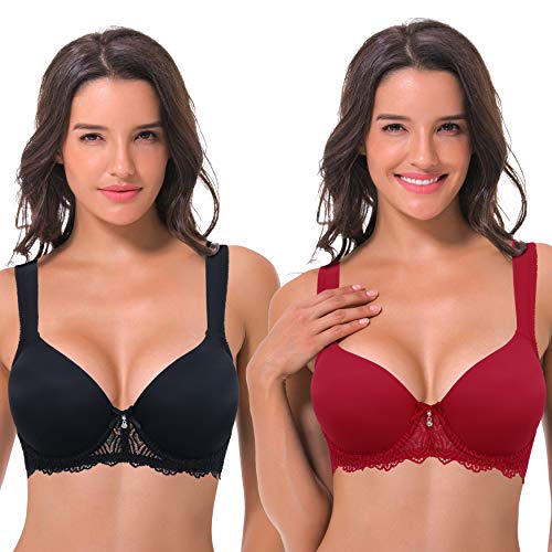 Curve Muse De las Mujeres Ligeramente Acolchado Aros Sujetador de Encaje con Correas de Hombro Acolchadas-Paquete de 2-Negro, Vino-95B