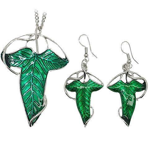 De el Señor de los anillos diseño de hoja verde broche colgante collar + pendientes de elfo, joyería Set