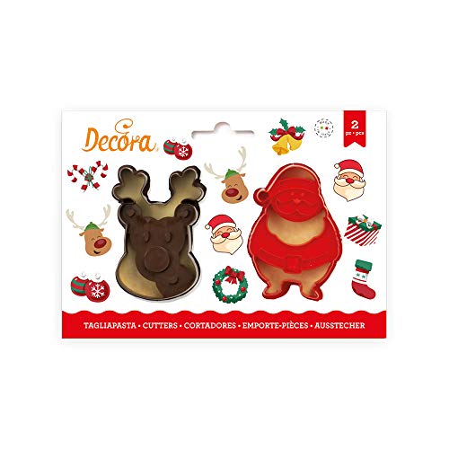 Decora 0255095 - Juego de 2 cortadores de pasta de plástico para Papá Noel y reno, rojo