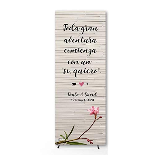 Didart Handmade Cartel BODA con soporte ajustable 60 x 160 cm. Personalizado. Varios modelos diferentes. Realizado en España. Banderola o pancarta. Toda una gran aventura comienza con un," sí quiero"