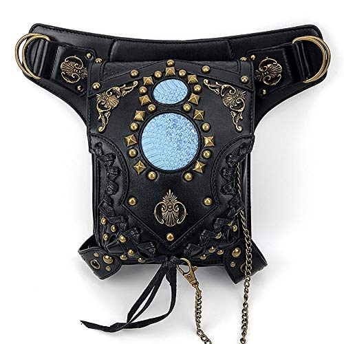 DKEE Mochila para Exteriores Steampunk Hombres y Mujeres Bolsillos multifunción PU Cuero Messenger Bandolera Motocicleta Montar Cadena Negra Bolsa Remaches de Metal