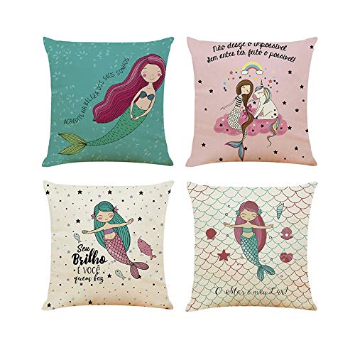 Dulau 4 Piezas Fundas de Almohada de Sirena, Fundas de Cojín Cuadrada de Lino y Algodón, Funda de Cojín para Decoración de Sofá, para Sofá Silla Cama Sala de Estar Dormitorio Coche