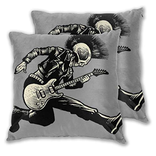 ELIENONO Juego de 2 Decorativo Funda de Cojín Street Rock Skull Punk Guitarrista Vintage Act Music Skeleton Chaqueta Guitarra de Cuero Funda de Almohada Cuadrado para Sofá Cama Decoración para Hogar