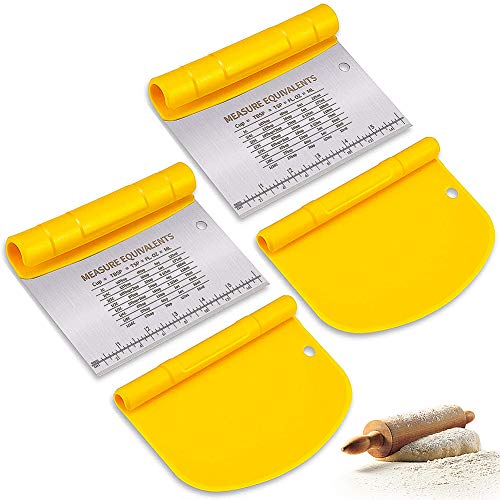 Espátula Masa 2 en 1,MZSM 2 juegos Cortador de Masa de Acero Inoxidable,Raspador de Masa de Plástico, Rasqueta de Acero Inoxidable con Escala de Medición,Rasqueta Cocina para Pan, Postre, Pasteles