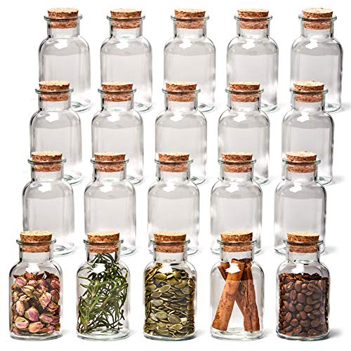 EZOWare Set de 20 Botellas de Cristal con Tapa de Corcho, Pequeños Tarros Estilo Vintage para Conservar Especias, Condimentos, Hierbas, Té, Uso en Cocina, Baño, Decorativo - 150ml