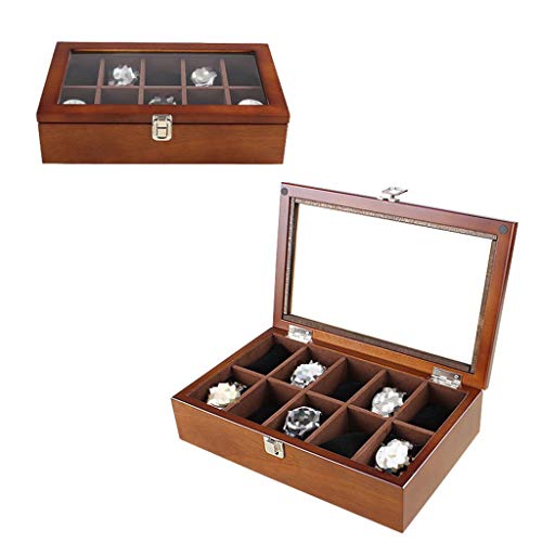 FFYN Caja de presentación de Relojes de Madera Caja con Tapa de Vidrio Caja organizadora de Almacenamiento de Joyas para Relojes Bandeja de Pulsera con Cerradura Soportes de Almohadas /