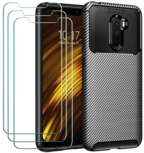 ivoler Funda para Xiaomi Mi Pocophone F1 + 3 Unidades Cristal Templado, Fibra de Carbono Negro TPU Suave de Silicona [Carcasa + Vidrio Templado] Ultra Fina Caso y Protector de Pantalla