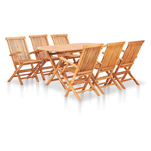 Juego de comedor de jardín con mesa ovalada plegable y 6 sillas plegables de madera maciza de teca, juego de mesa y sillas plegables de jardín exterior de madera, 7 unidades