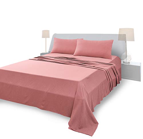 Juego de sábanas completo para cama de matrimonio, material 100% puro algodón, sábanas y 2 fundas de almohada, ropa de cama de color liso, color polvo