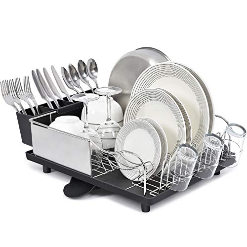 Kingrack Escurreplatos de acero inoxidable, estante de secado de platos con marco antioxidante, diseño opcional de 2 direcciones, soporte extraíble para utensilios de cocina, color negro