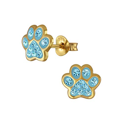 Laimons Pendientes para niñas y niños, joyas para niños, diseño de huellas de perro, con purpurina en azul claro, 7 mm, pequeños dorados, de plata de ley 925