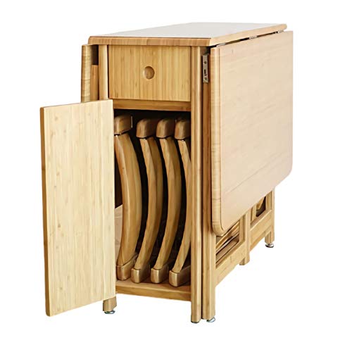 LIUTIAN Rectangular de bambú Plegable Mesa con 4 sillas, Escritorio de la computadora multifunción con Universal Cerradura Ruedas, mudanza fácil