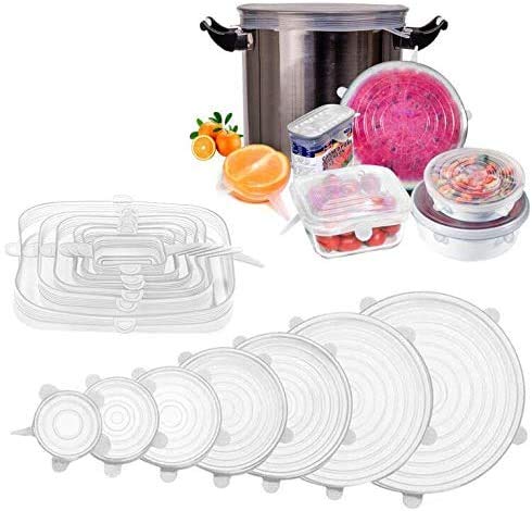 longzon 13 Piezas Tapas Silicona Ajustables,Tapas de Silicona Reutilizables Ecológicas,7 Redondas y 6 Cuadradas de Tapas de Silicona Sin BPA para Lavavajillas, Microondas,Refrigerador, Transparentes