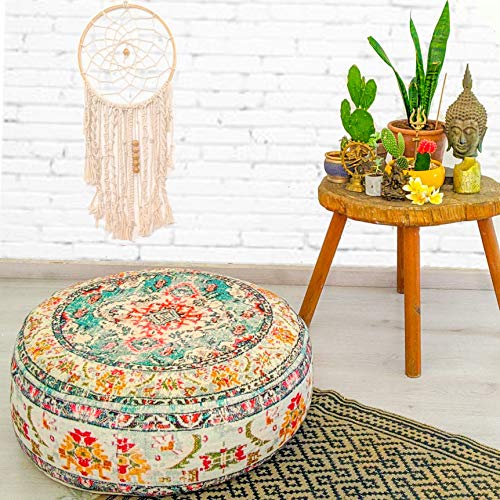 Mandala Life ART Funda de cojín de Piso Bohemian Rug - Redonda 60x20 cm - Puf de decoración de habitación Artesanal de Lujo para meditación, Yoga y Boho Chic Funda de Almohada de Piso para Asientos