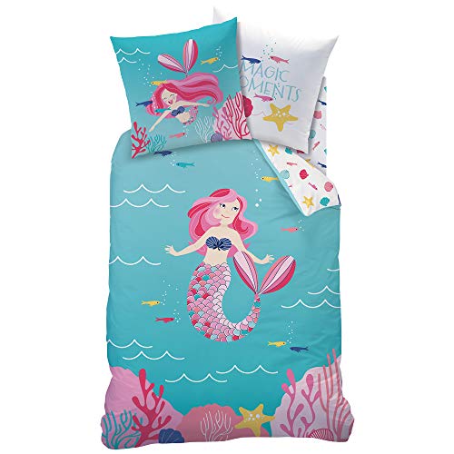 'Mate & Rose Chica Niños Ropa de cama "Ocean Girl & sirena Mermaid mágica bajo agua Mundo turquesa, rosa, rosa – Almohada 80 x 80 + Funda Nórdica 135 x 200 cm – 100% algodón