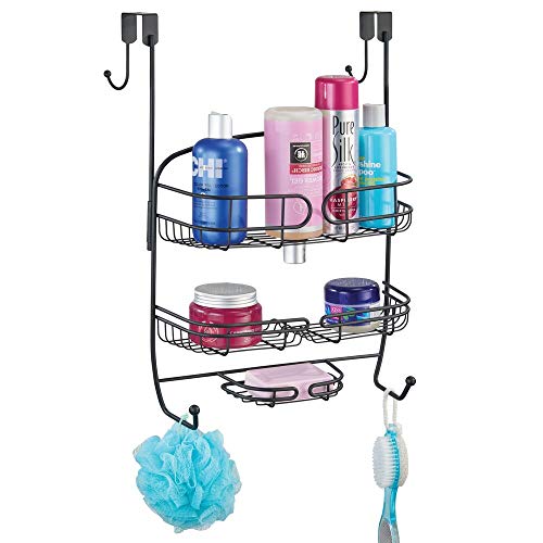 mDesign Colgador para ducha – Práctica estantería de ducha para colgar en la mampara – Organizador de baño de metal – negro