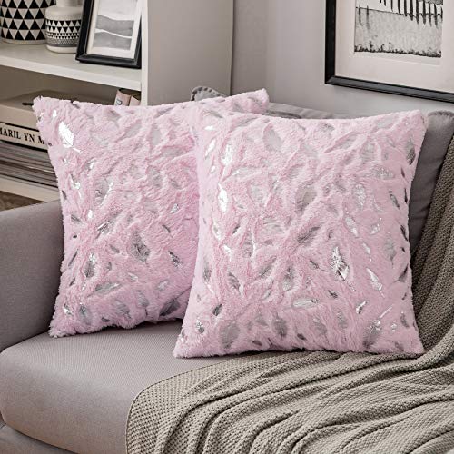 MIULEE 2 Piezas Funda de Cojines Plumas Estampadas Plateadas Funda de Almohada Suave Cómoda para Sofá Cama Decorativas Modernas Preciosas para Sillas Dormitorio Habitacion 45x45cm Rosa