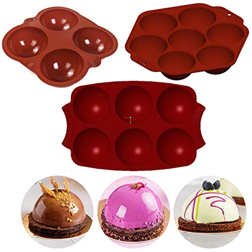 Molde de silicona para panecillos, Huai1988, molde de silicona para tartas, 4/6/7 unidades, forma semiesférica, agujero rectangular, silicona, molde para pan y galletas (rojo)