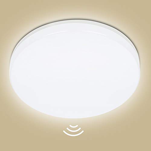 Oeegoo 18W Luz de Techo LED con Sensor de Movimiento (ajustable), 1800LM Lámpara de Sensor a prueba de agua IP44, Plafon LED para Garaje, Sótanos, Pasillo, Entrada, Baño Blanco Natural 4000K, Ø28cm