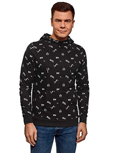 oodji Ultra Hombre Sudadera de Algodón con Capucha y Bolsillo, Negro, ES 56 / XL