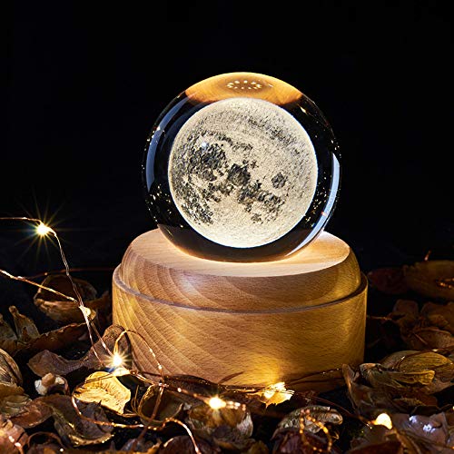 OurLeeme Caja de música, bola de cristal con luz nocturna Caja de música con luz de proyección LED Base de madera para regalo de acción de gracias de cumpleaños de Navidad (Luna)
