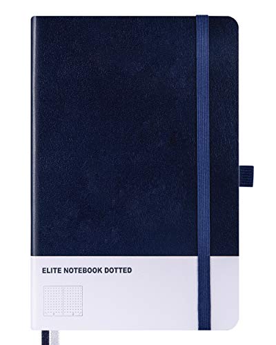 POPRUN Cuaderno de notas A5, tapa dura, índices y páginas de cuadrícula de puntos numerados, soporte para bolígrafos, bolsillo interior y 2 marcadores, azul marino