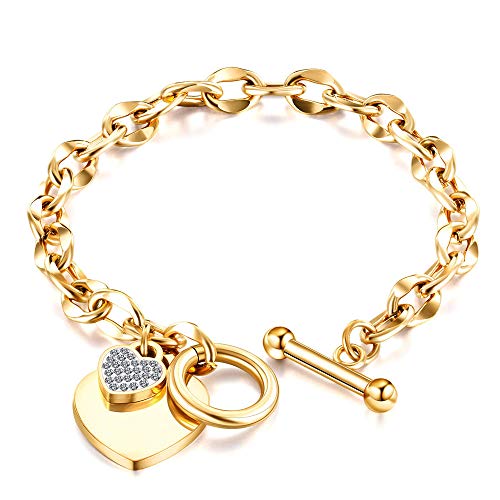 Pulseras Brazalete Joyería Mujer Pulseras con Dijes De Corazón A La Moda para Mujer, Pulsera Y Brazalete De Cadena De Acero Inoxidable De Color Dorado Y Plateado, Joyería-Gold_18Cm