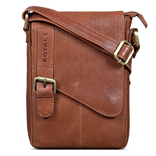 ROYALZ Bolso Bandolera Pequeño para Hombre Bolsa de Piel Auténtica Vintage Mensajero de Cuero, Color:Texas marrón