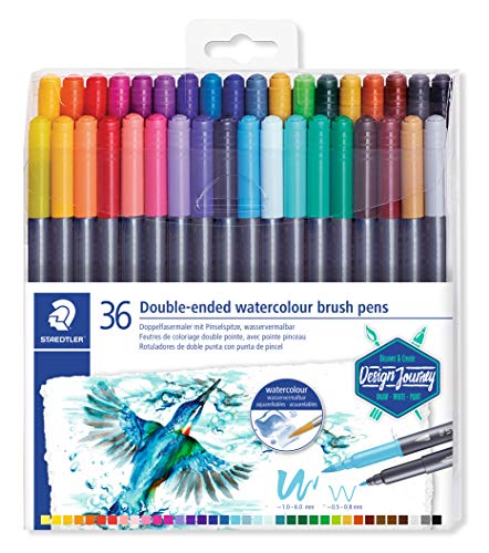 Staedtler Watercolour Brush Pens 3001 TB36, Rotulador de Doble Punta de Fibra Acuarelable, 36 unidades, Multicolor