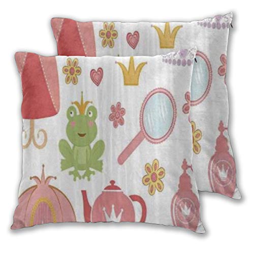 TARTINY 2 Pack Funda de Almohada Princesa Tiara Tea Party Espejo Tetera Tea Party Frog Crown Fairy Cupcake Girls Lino Suave Cuadrado Sofá Cama Decoración Hogar para Cojín 60cm x 60cm