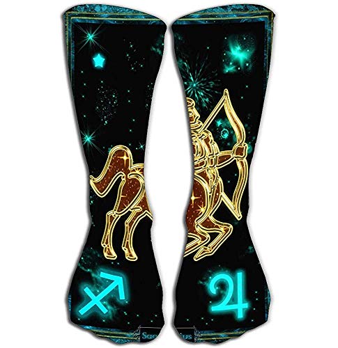 Tonesum Calcetines Mujeres Algodón de lujo Coloridos Calcetines divertidos y divertidos 50 CM Astrológica Sagitario Oro Astral Fondo Zodi planetario