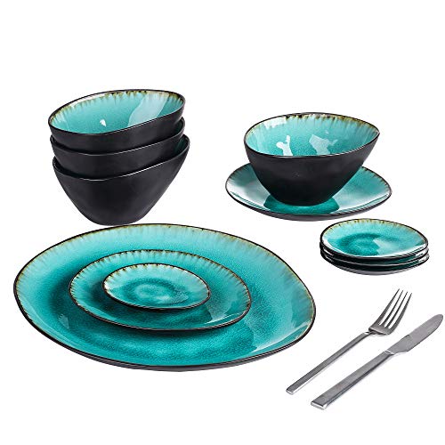 vancasso Serie Aqua Juego de Vajillas Esmaltadas Gres Vajilla Irregular de 11 Piezas Azul Turquesa, para 4 Personas, 4 Cuencos 4 Plato de Salsa, 2 Platos y 1 Plato Grande