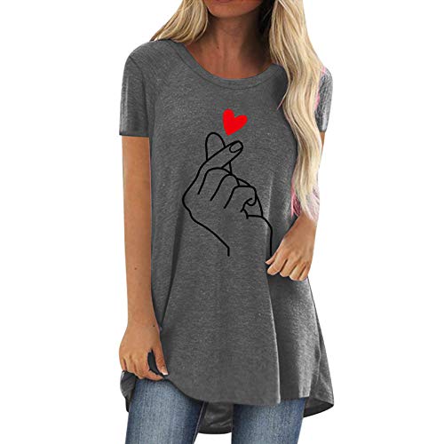 VEMOW Blusas y Camisas de Mujer Manga Corta, Impresión de Moda Primavera Verano Elegant Girasol Sol Luna Camisa Camiseta Larga Sudadera Casual Cuello Redondo Top Túnica Tops Jersey Largo(E Gris,L)