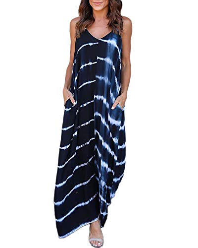 VONDA Vestido Largo para Mujeres Casual de Playa para Mujer Sexy Vestido Cuello en V Sin Mangas A-Azul XXL