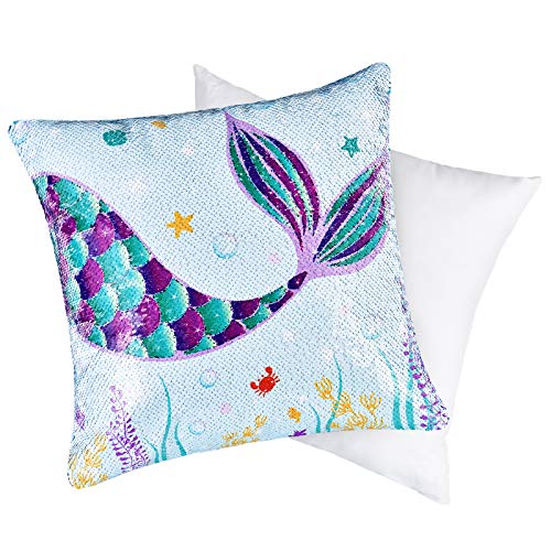 WERNNSAI Cojín de Sirena con Almohada - Cuadrado de Lentejuelas Azules Almohada Cojín Decorativo Fundas para Cojines Almohadas para Sofá Silla Oficina Cama Coche Cumpleaños