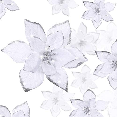 WILLBOND 36 Piezas Flores de Pascua Brillantes Flores Artificiales Adornos con Brillo de Año Nuevo Árbol de Navidad Boda (Blanco, 3 Pulgadas, 4 Pulgadas, 6 Pulgadas)