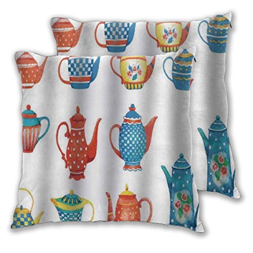 WINCAN Juego de 2 Decorativo Funda de Cojín Tea Party Teteras Coloridas Varias Formas Tamaños Desayuno Cerámica Lindo Funda de Almohada Cuadrado para Sofá Cama Decoración para Hogar,45x45cm