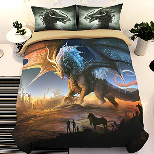 WONGS BEDDING Juego de Funda nórdica de dragón Impreso en 3D con 2 Fundas de Almohada Juego de Cama de dragón de Dibujos Animados con Cierre de Cremallera Doble 200 * 200 cm