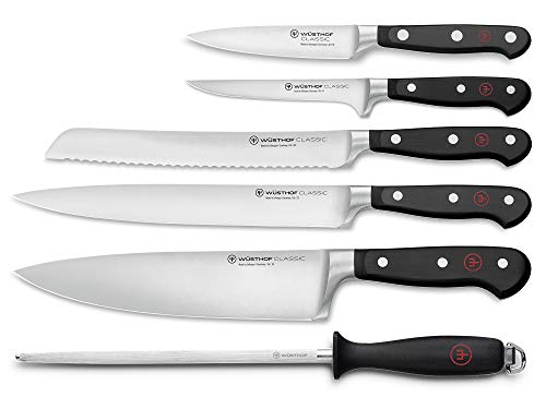 Wüsthof 1120160602 Classic Juego de cuchillos (6 piezas, incluye 5 cuchillos de cocina con hoja afilada de 10 23 cm y 1 afilador de cuchillos