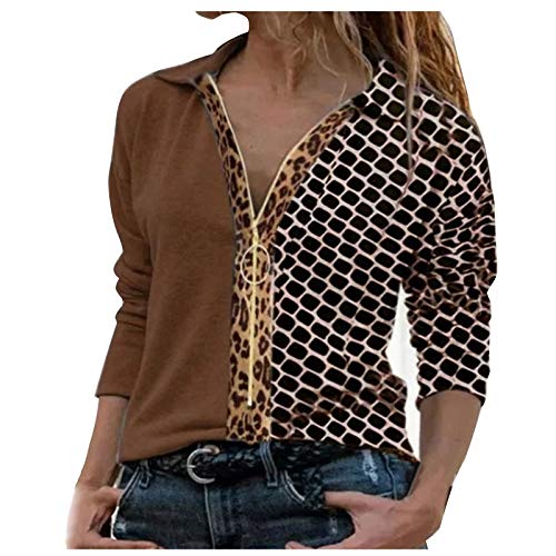 YANFANG Camisa de Manga Larga para Mujer,La Moda Casual de Las Mujeres imprimió los Tops la Cremallera del Bloque de Color,Moda Casual Blusa Algodón Suelto Tops Sudadera Pullover Elegante