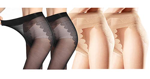 Yulaixuan pantimedias para mujer 4 pares entrepierna de mariposa 15 denier medias transparentes de longitud completa Medias reforzadas (talla grande 2 piel y 2 negro)