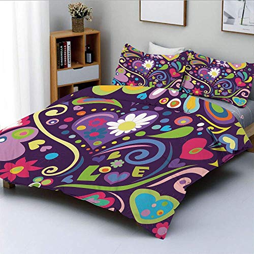 Zozun Juego de Funda nórdica, Love Sixties Inspired Arreglo de Varios Elementos Retro Heart Feather One Love Juego de Cama Decorativo de 3 Piezas con 2 Fundas de Almohada, Multicolor, n