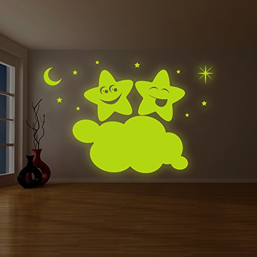 (240x 160cm) Glowing pared vinilo adhesivo/Happy Twin estrellas en nube/brillan en la oscuridad Star luminiscente Mural Kids, para la habitación del bebé + regalo de para Gratis.