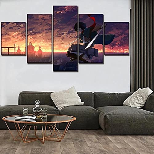 CGHBDOP Cuadros Modernos Impresión Imagen 5 Piezas Art Lienzo Decorativo Escena Anime Mikasa Ackerman Modernos Mural Fotos HD Impresión Carteles