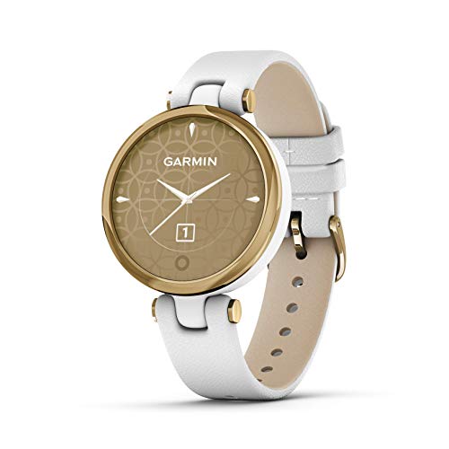 Garmin Lily, Small GPS Smartwatch with Touchscreen and Patterned Lens, Light Gold with White Leather Band