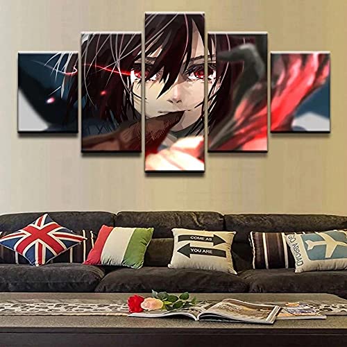 IILSZMT Cuadros Modernos Impresión De Imagen Artística Lienzo Decorativo para Salón Dormitorio 5 Piezas Anime Titan Mikasa Ackerman 100X55Cm