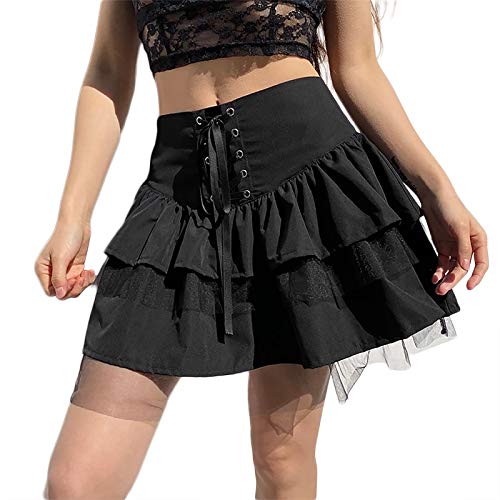 iSayhong Las mujeres Encaje Patchwork Mini Faldas Plisadas Cintura Alta Sexy Encaje Hasta Volantes Y2K Faldas Cortas Harajuku Goth Falda